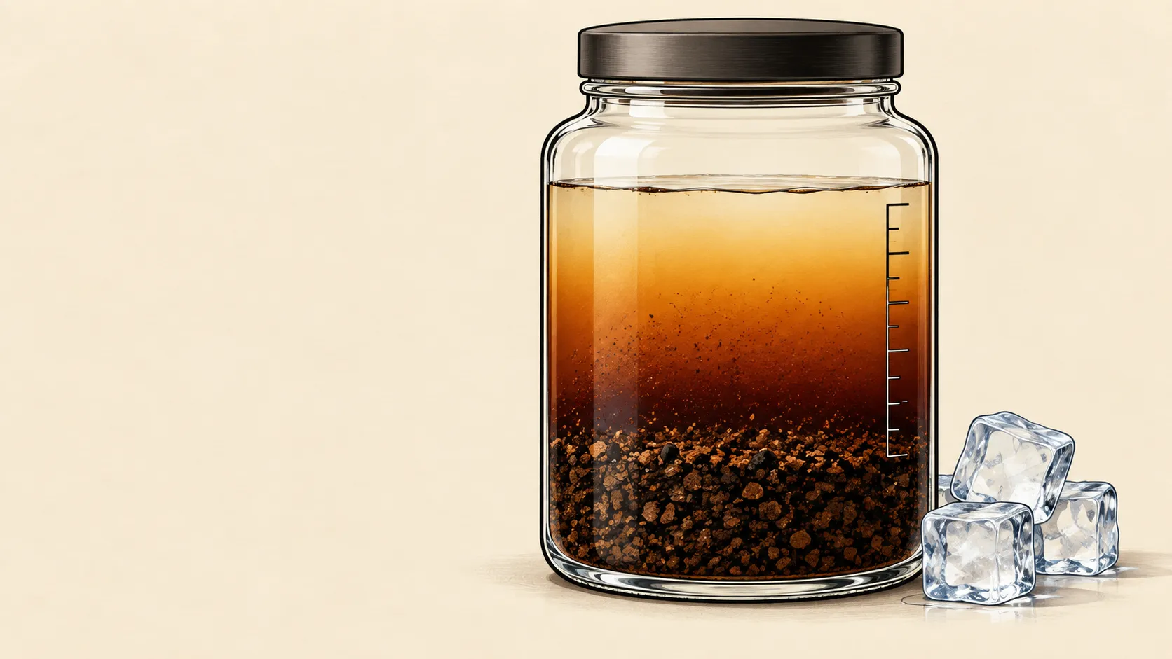Illustrated cross-section of a lidded glass jar of steeping cold brew: coarse grounds settled at the bottom, the liquid shading from pale amber at the top to deep brown at the grounds, measurement ticks on the glass, ice cubes beside it.